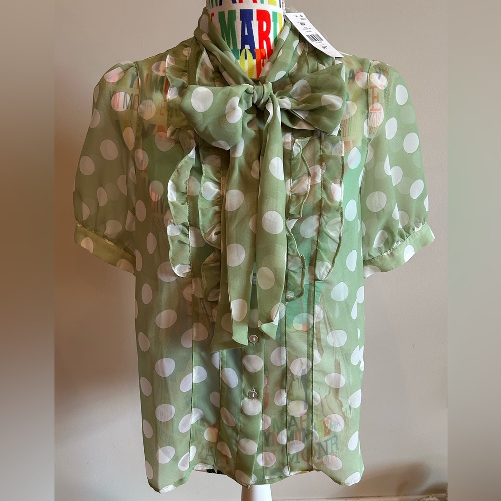 NWT Green Polka Dot Blouse with Bow by Suzy Shier.